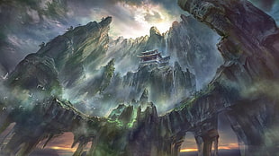 gray temple illustration, artwork, fantasy art, pagoda, Asian architecture