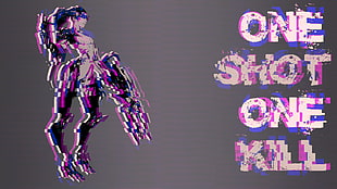 gray background with text overlay, video games, Overwatch, Widowmaker (Overwatch), glitch art