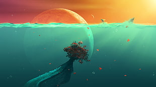 red tree under body of water digital art, plants, sea