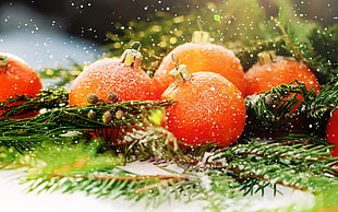 orange baubles, New Year, snow, Christmas ornaments , leaves