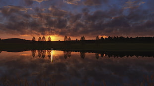 silhouette of trees and hill, clouds, sunset, trees, water