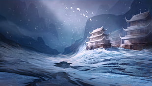 two brown pagodas illustrator, fantasy art, temple, snow, artwork HD wallpaper