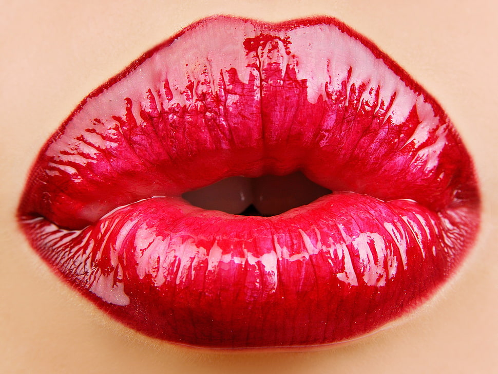 selective focus close-up photo of shiny red lips HD wallpaper