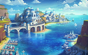 white castle painting, artwork, castle, boat, bay