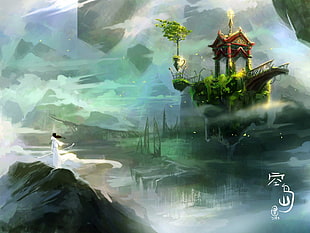 man standing on mountain facing temple painting, fantasy art, digital art, mist, Asian architecture