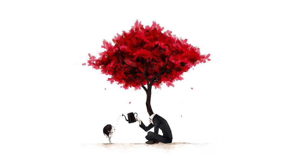 red leaf tree holding watering can HD wallpaper