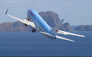 blue and white passenger plane, aircraft, passenger aircraft