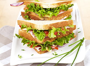 sandwich spread with salami lettuce and tomatoes in plate HD wallpaper