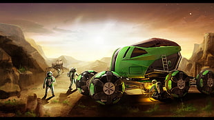 green and black spaceship poster, car