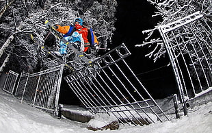 gray steel fence, fence, skis, snow, night HD wallpaper