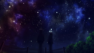 two person standing on grass anime characters, Nagato Yuki, The Melancholy of Haruhi Suzumiya, Nagato Yuki-chan no Shoushitsu, space HD wallpaper