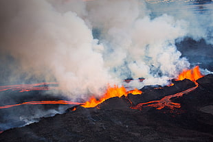 mountain with lava, volcano, eruption, nature, landscape HD wallpaper