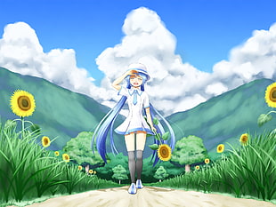 blue long haired female anime character surrounded by sunflower