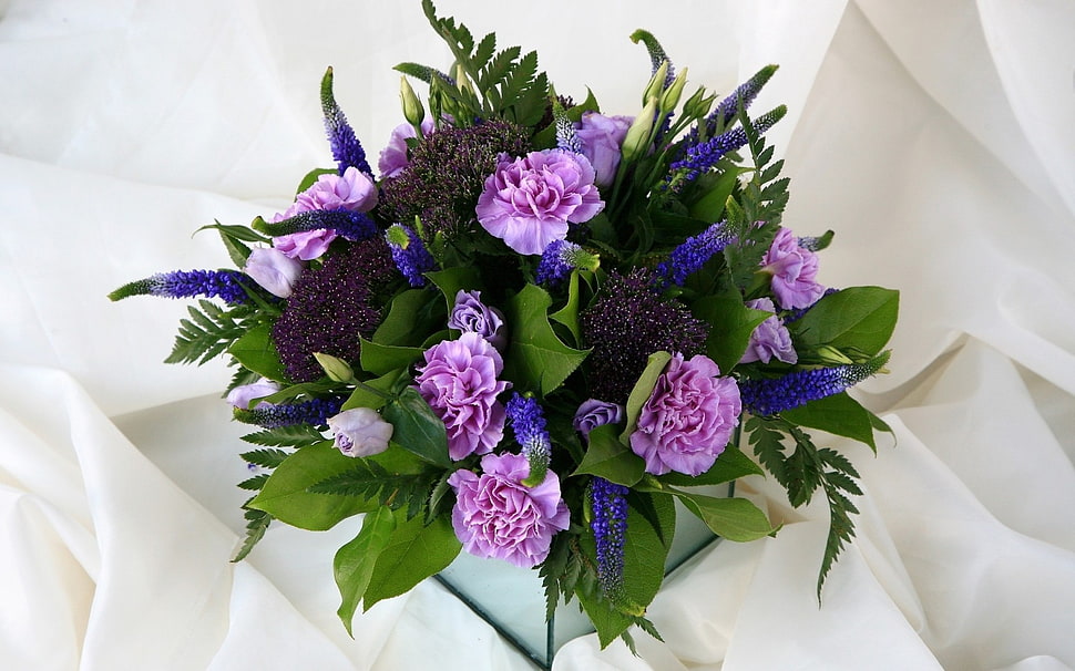 purple flowers on white textile HD wallpaper