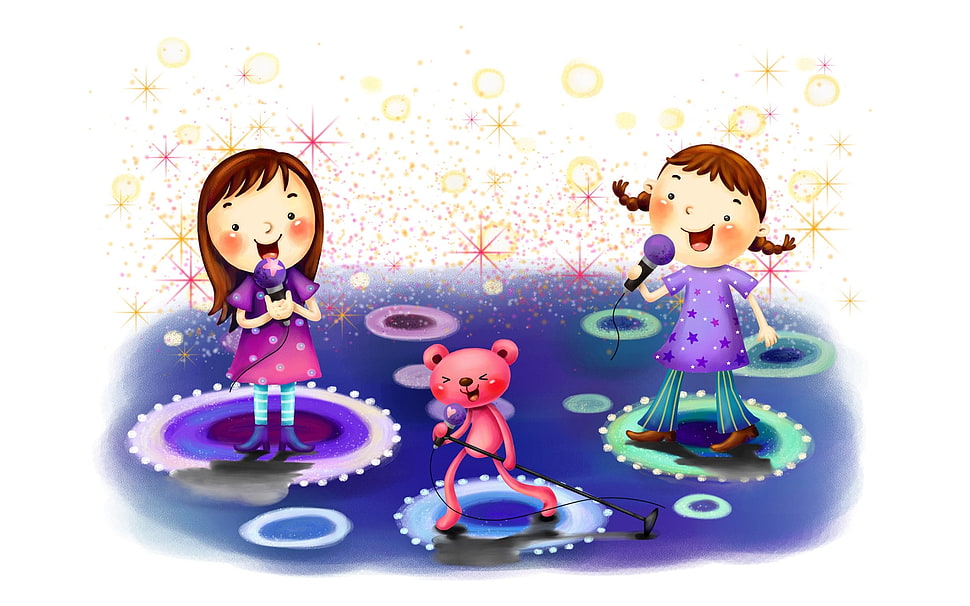 two girl cartoon characters singing illustration HD wallpaper