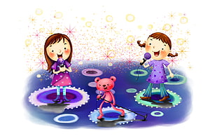 two girl cartoon characters singing illustration