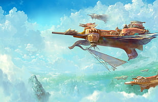 brown and green game application wallpaper, fantasy art, airships