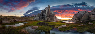 brown stone, nature, sunset, rock, clouds