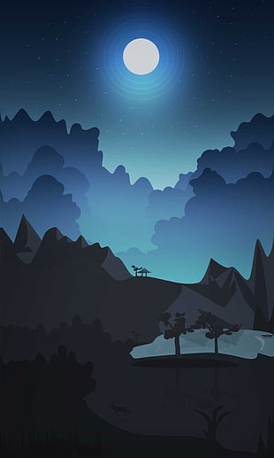 shed on hill under full moon animated wallpaper, night, summer, wolf, sky