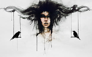 woman face with two black birds artwork HD wallpaper