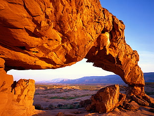 brown rock formation, mountains, arch, desert, landscape