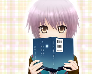 gray haired anime character holding book digital wallpaper
