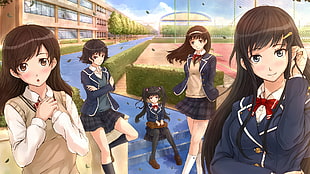 five female anime character wearing blazer
