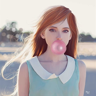 woman wearing teal and white sleeveless tops while chewing and doing bubble red gum