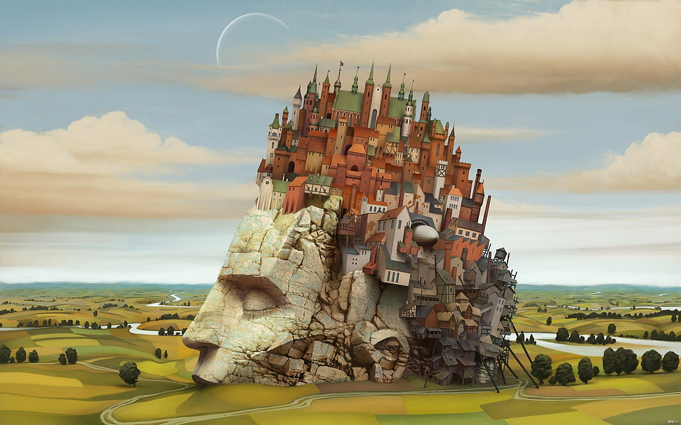 multicolored human head with houses illustration, artwork, surreal, castle, statue HD wallpaper