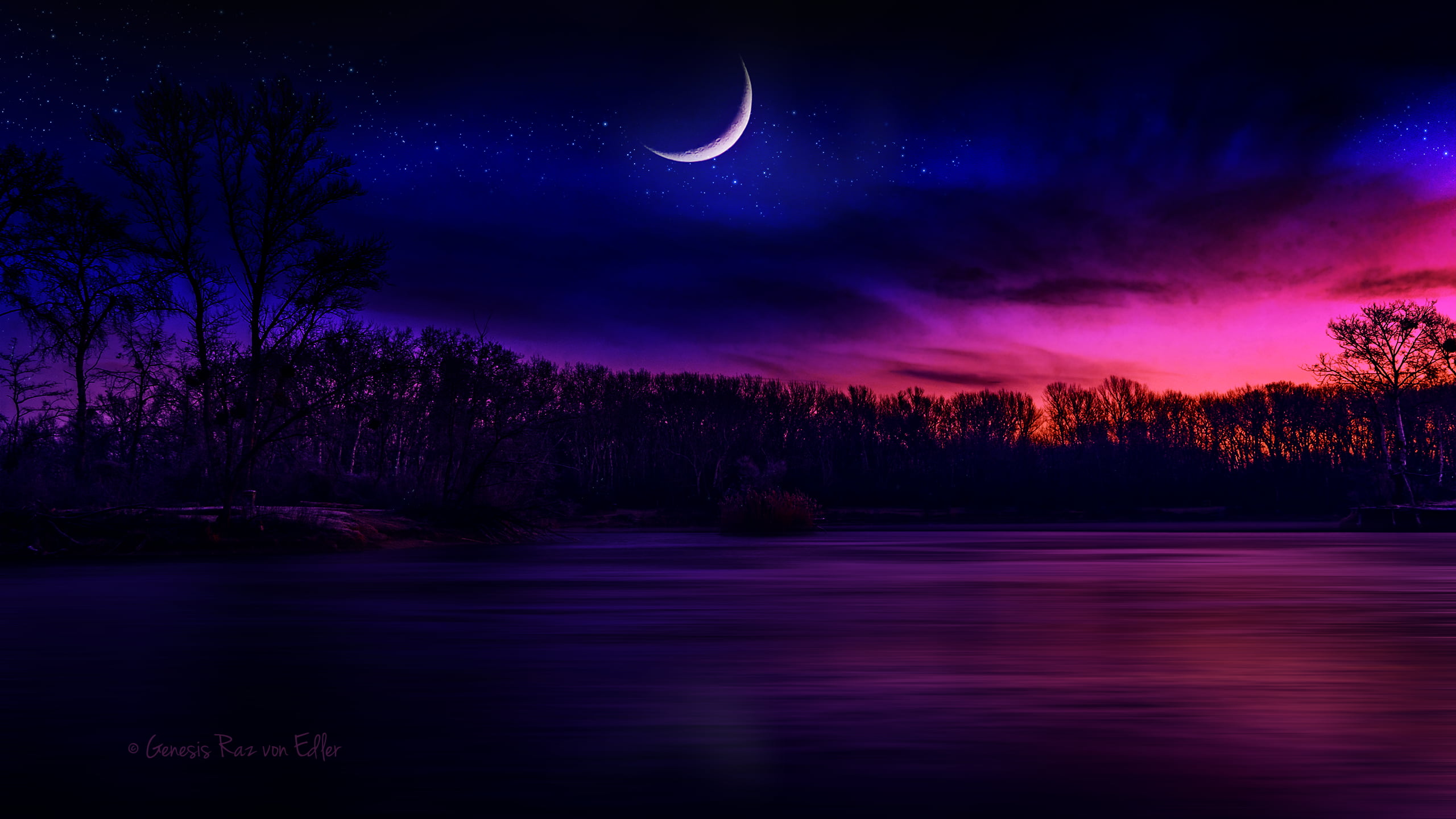 body of water near tree under crescent moon digital wallpaper, moonlight, nature, digital art, Moon