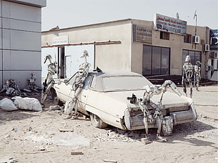 white car, robot, old car, Dubai, photo manipulation