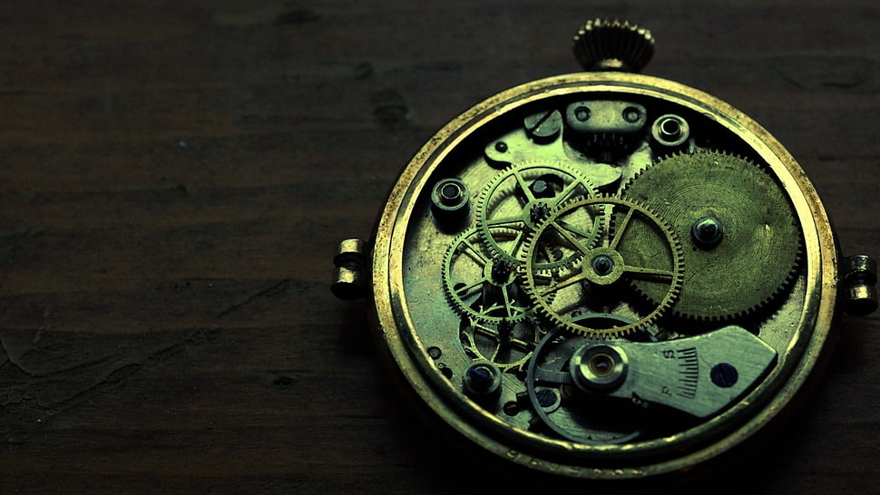round silver-colored skeleton watch, clockwork HD wallpaper