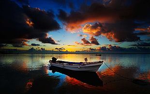 white wooden boat, photography, boat, sunset, landscape