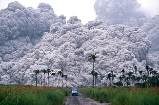 blue vehicle and grass field, volcano, dust, eruptions, landscape HD wallpaper