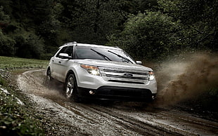 white Ford SUV, car, Ford Explorer, mud, vehicle
