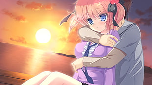 boy hugging pink haired girl anime character HD wallpaper