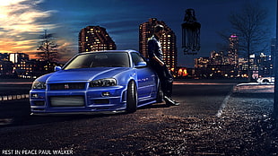 blue race car, Paul Walker, Fast and Furious, Furious 7, Nissan Skyline GT-R R34 HD wallpaper