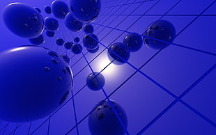 floating round blue balls in front of mirrors digital wallpaper