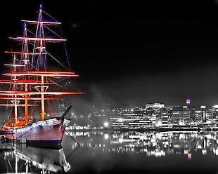 white and black galleon ship, selective coloring, ship, cityscape, sailing ship