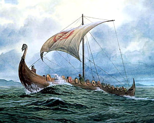 viking longship artwork, sailing ship, artwork, Vikings
