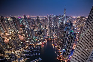 birds-eye photo of cityscape, Dubai, city, cityscape, night HD wallpaper