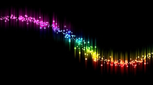 pink, blue, and yellow lights on black background, colorful, abstract