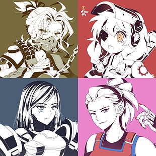 four anime characters collage, Overwatch, Zarya (Overwatch), Pharah (Overwatch), Torbjörn (Overwatch)
