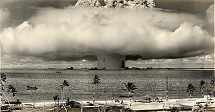 grayscale photo of explosion mushroom, nuclear, sepia, palm trees, explosion