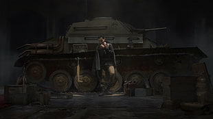 green battle tank digital wallpaper, tank, smoking, hangar, weapon