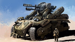 soldier beside battle tank digital wallpaper, cyberpunk, armored vehicle, soldier