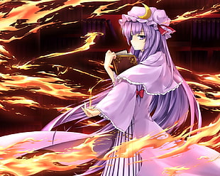 purple haired female anime character holding brown book surrounded with flames