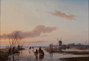 windmill near body of water under cloudy sky painting