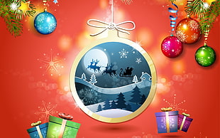 christmas themed wallpaper, New Year, snow, Christmas ornaments , presents