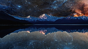 mountain peak near water painting, nebula, lake, space, stars